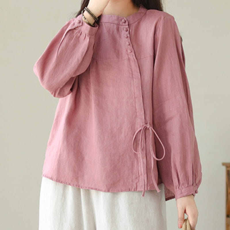 Buddha Stones Fall Casual Solid Color Stand Collar Long Sleeve Cotton Linen Women's Shirt - image 25