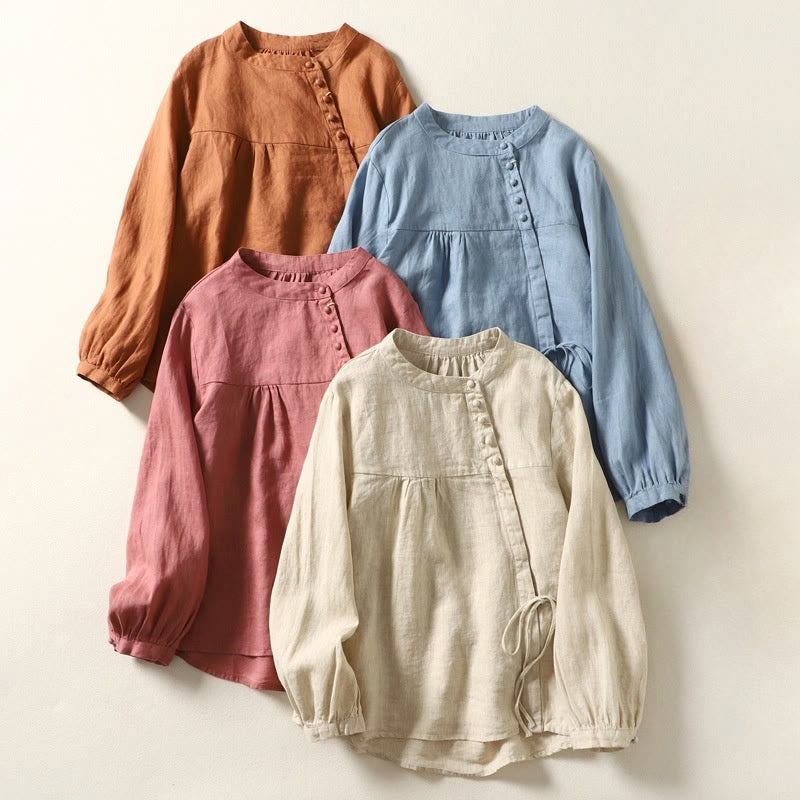 Buddha Stones Fall Casual Solid Color Stand Collar Long Sleeve Cotton Linen Women's Shirt - image 29