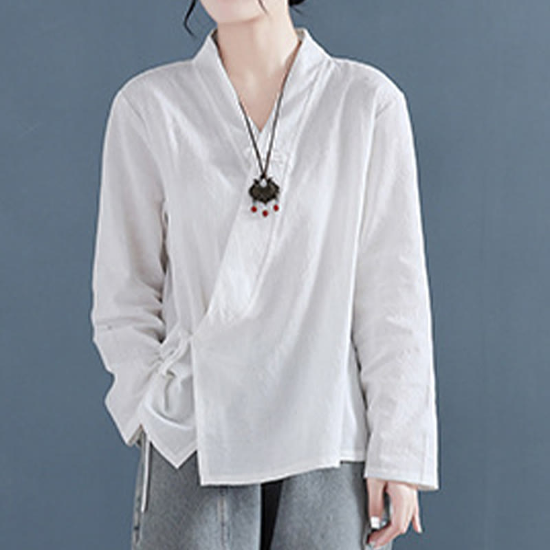 Buddha Stones Casual Solid Color Frog Button Long Sleeve Zen Cotton Linen Women's Shirt - image 1