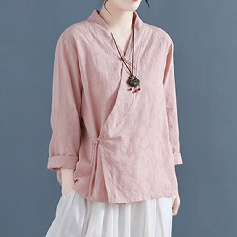 Buddha Stones Casual Solid Color Frog Button Long Sleeve Zen Cotton Linen Women's Shirt - image 5