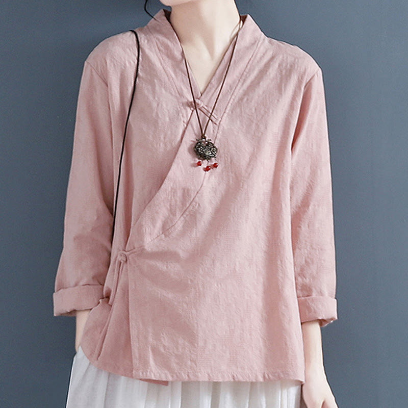 Buddha Stones Casual Solid Color Frog Button Long Sleeve Zen Cotton Linen Women's Shirt - Pink - US8-10，UK/AU12-14，EU40-42 (2XL) - image 4
