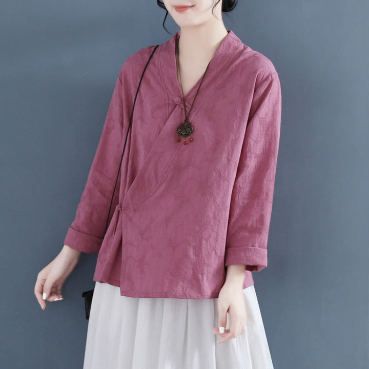 Buddha Stones Casual Solid Color Frog Button Long Sleeve Zen Cotton Linen Women's Shirt - image 9