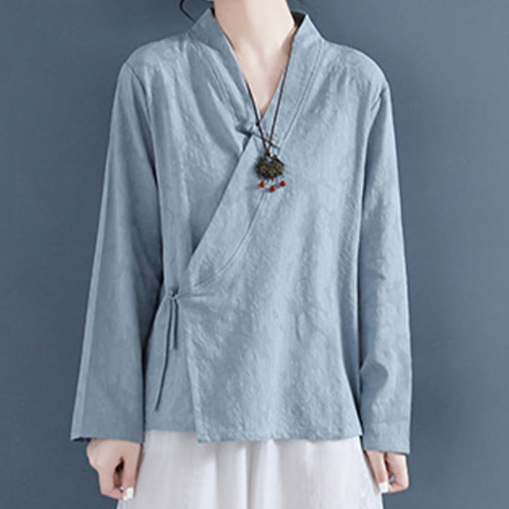 Buddha Stones Casual Solid Color Frog Button Long Sleeve Zen Cotton Linen Women's Shirt - LightSkyBlue - US8-10，UK/AU12-14，EU40-42 (2XL) - image 19