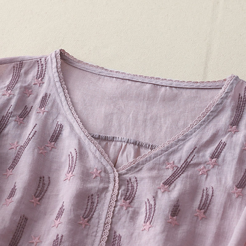 Buddha Stones Casual Shooting Star Embroidery V-Neck Half Sleeve Cotton Linen Women's Shirt - image 1