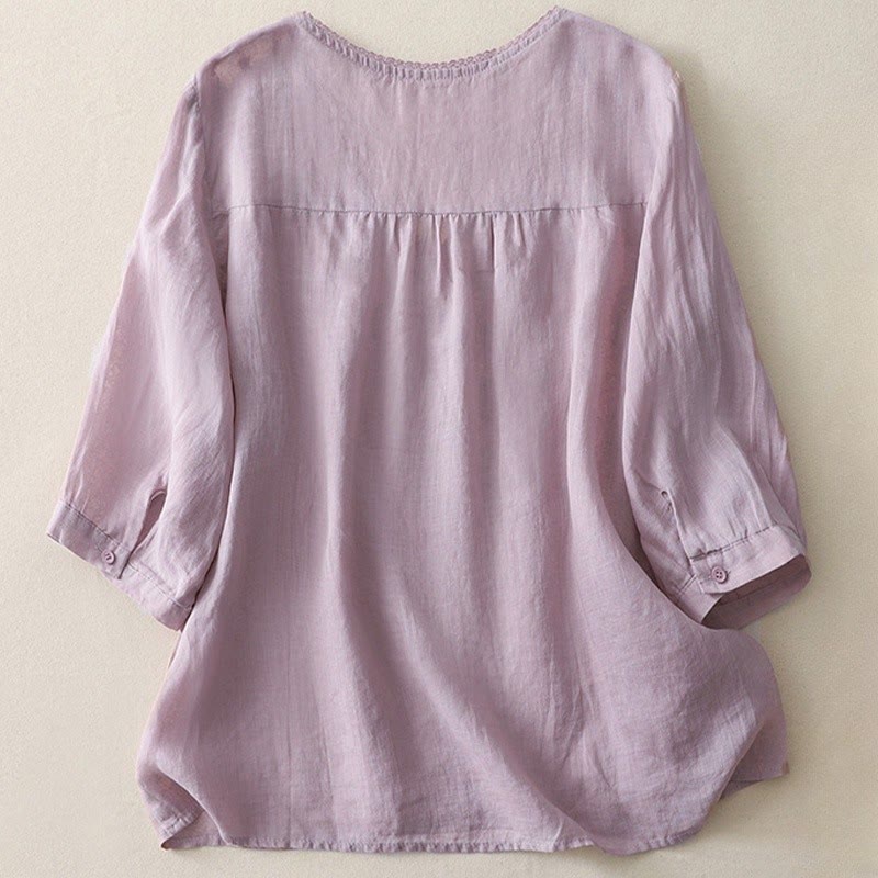 Buddha Stones Casual Shooting Star Embroidery V-Neck Half Sleeve Cotton Linen Women's Shirt - image 2