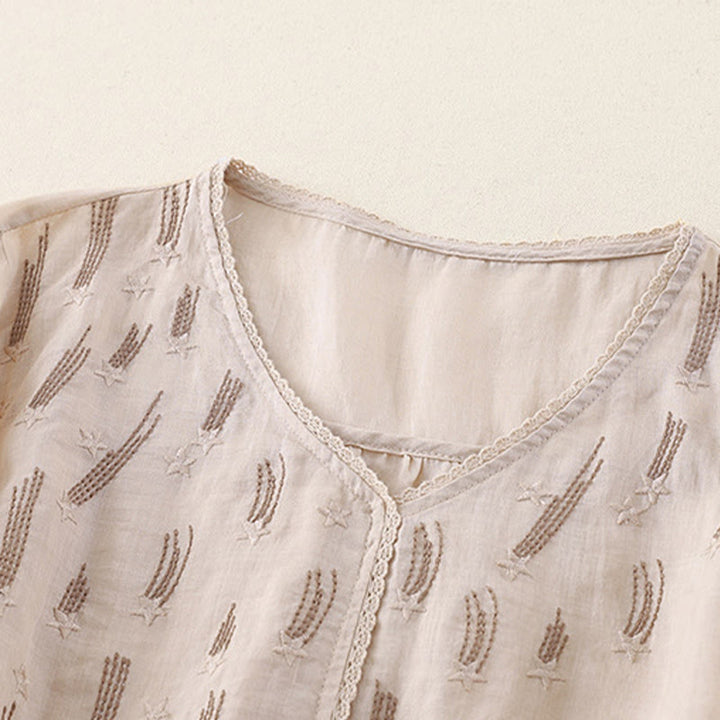 Buddha Stones Casual Shooting Star Embroidery V-Neck Half Sleeve Cotton Linen Women's Shirt - image 18