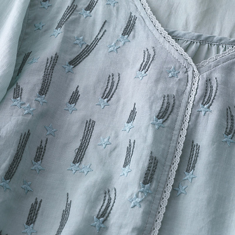 Buddha Stones Casual Shooting Star Embroidery V-Neck Half Sleeve Cotton Linen Women's Shirt - image 21