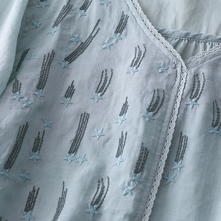 Buddha Stones Casual Shooting Star Embroidery V-Neck Half Sleeve Cotton Linen Women's Shirt - image 21