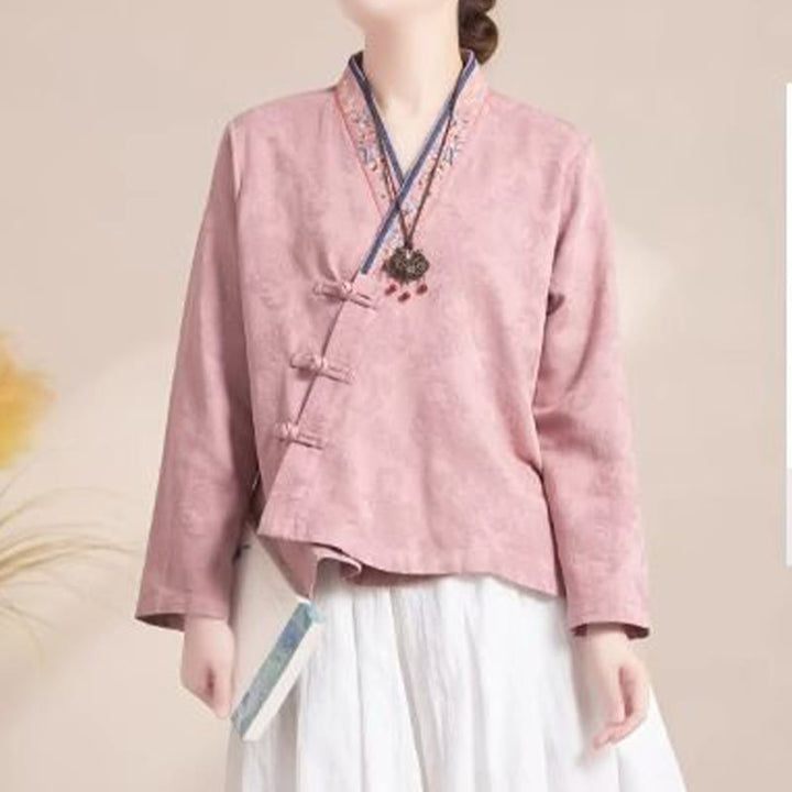 Buddha Stones Embroidered Flowers Grass Frog-Button Long Sleeve Cotton Women's Shirt - image 2