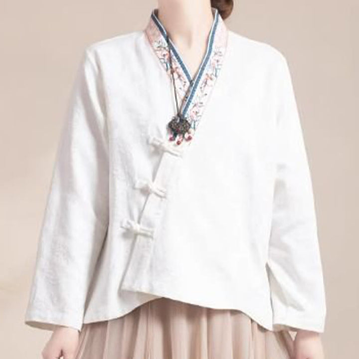 Buddha Stones Embroidered Flowers Grass Frog-Button Long Sleeve Cotton Women's Shirt - image 15