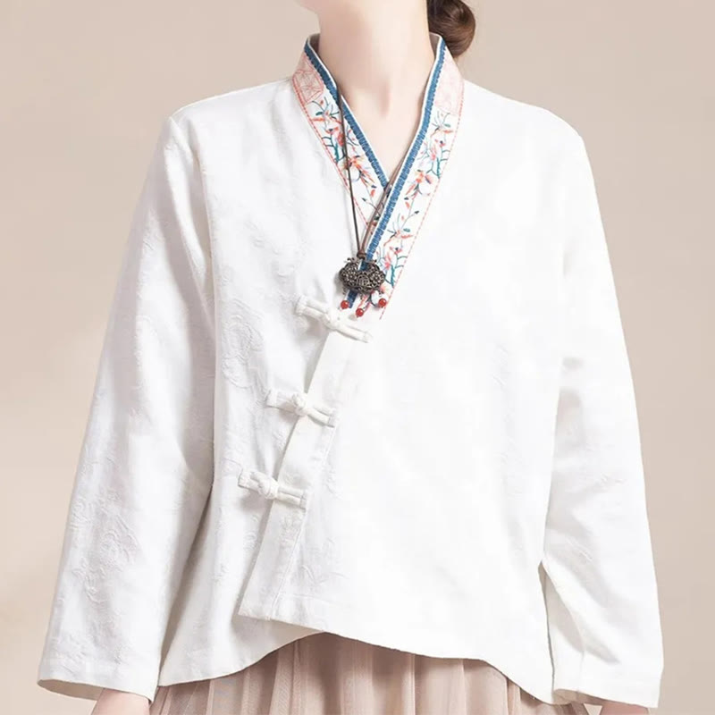 Buddha Stones Embroidered Flowers Grass Frog-Button Long Sleeve Cotton Women's Shirt - image 16