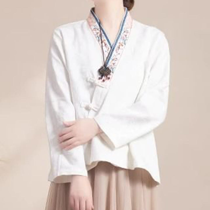 Buddha Stones Embroidered Flowers Grass Frog-Button Long Sleeve Cotton Women's Shirt - White - US12，UK/AU16，EU44 (3XL) - image 13