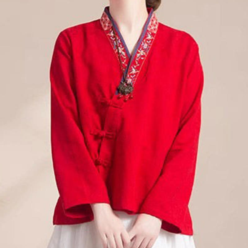 Buddha Stones Embroidered Flowers Grass Frog-Button Long Sleeve Cotton Women's Shirt - image 18