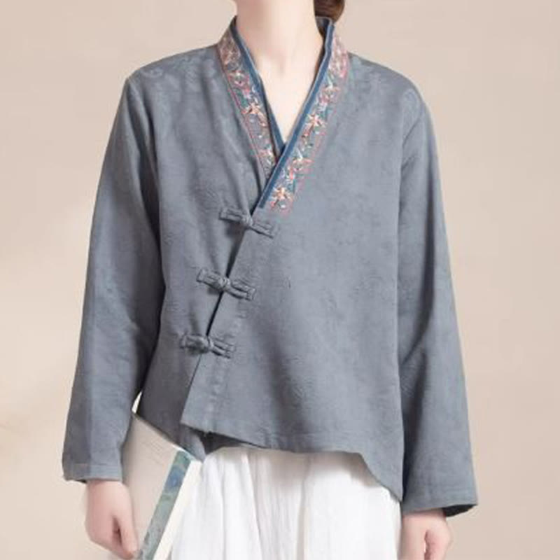 Buddha Stones Embroidered Flowers Grass Frog-Button Long Sleeve Cotton Women's Shirt - Gray - US12，UK/AU16，EU44 (3XL) - image 20