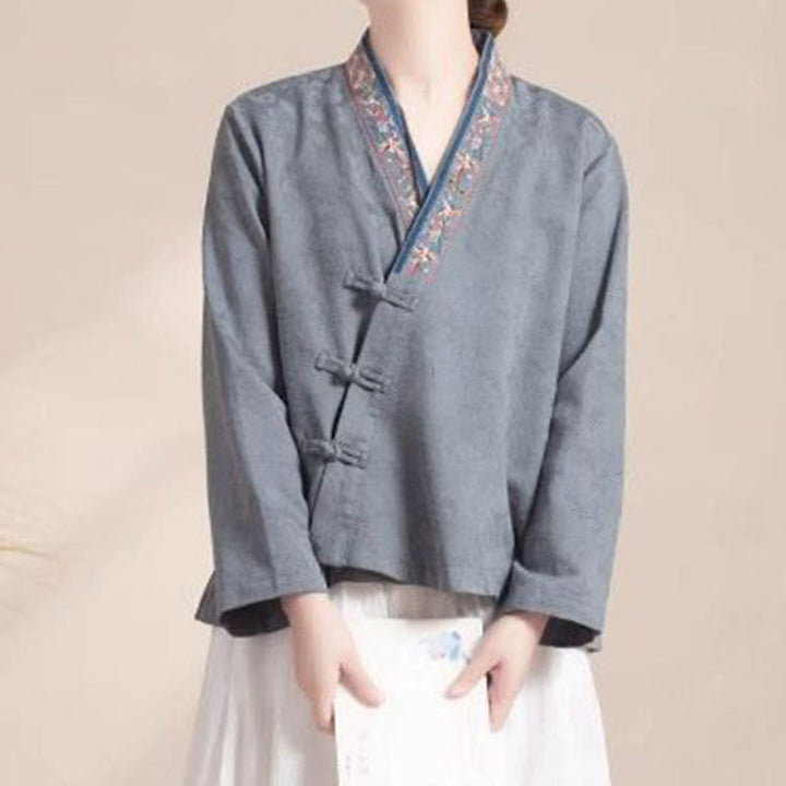 Buddha Stones Embroidered Flowers Grass Frog-Button Long Sleeve Cotton Women's Shirt - image 21