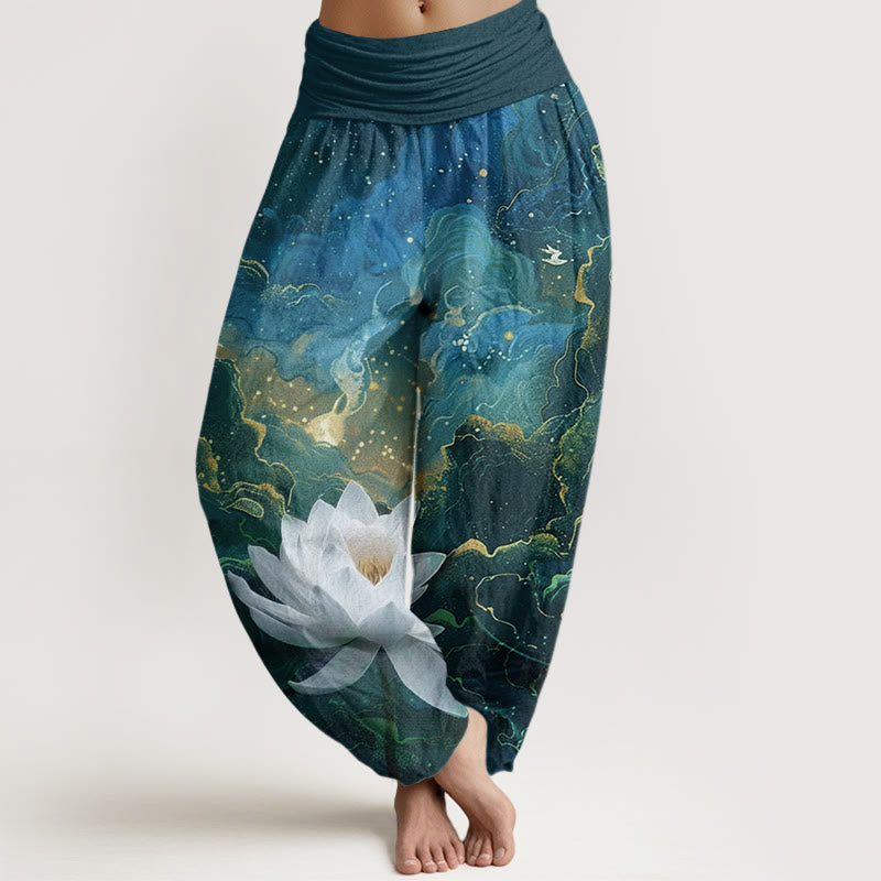 Buddha Stones Cotton Casual Lotus Starry Sky Clouds Pattern Women's Elastic Waist Harem Pants - DarkCyan - US22，UK/AU26，EU54 (6XL) - image 0
