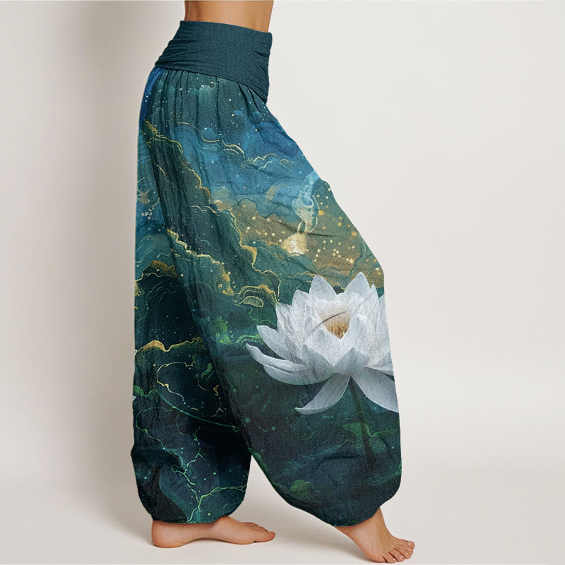 Buddha Stones Cotton Casual Lotus Starry Sky Clouds Pattern Women's Elastic Waist Harem Pants - image 1