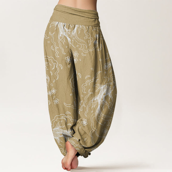 Buddha Stones Cotton Casual Koi Fish Waves And Petal Line Pattern Women's Elastic Waist Harem Pants - image 6