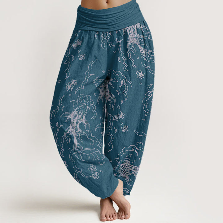 Buddha Stones Cotton Casual Koi Fish Waves And Petal Line Pattern Women's Elastic Waist Harem Pants - SteelBlue - US22，UK/AU26，EU54 (6XL) - image 7