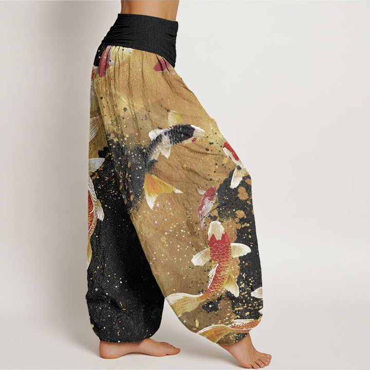 Buddha Stones Cotton Casual Koi Fish Gold Ink Background Pattern Women's Elastic Waist Harem Pants - image 2