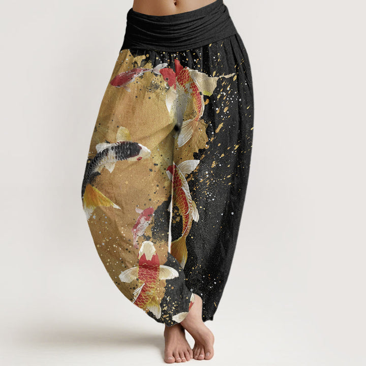 Buddha Stones Cotton Casual Koi Fish Gold Ink Background Pattern Women's Elastic Waist Harem Pants - Black - US22，UK/AU26，EU54 (6XL) - image 0