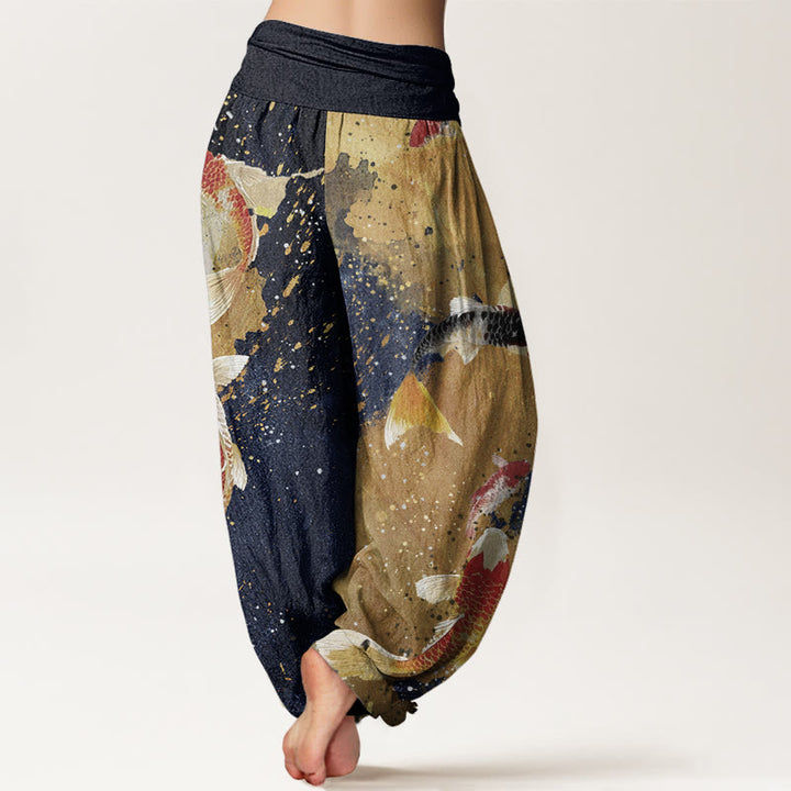 Buddha Stones Cotton Casual Koi Fish Gold Ink Background Pattern Women's Elastic Waist Harem Pants - image 6