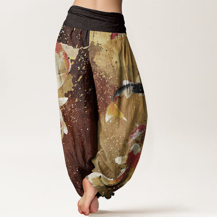 Buddha Stones Cotton Casual Koi Fish Gold Ink Background Pattern Women's Elastic Waist Harem Pants - image 9