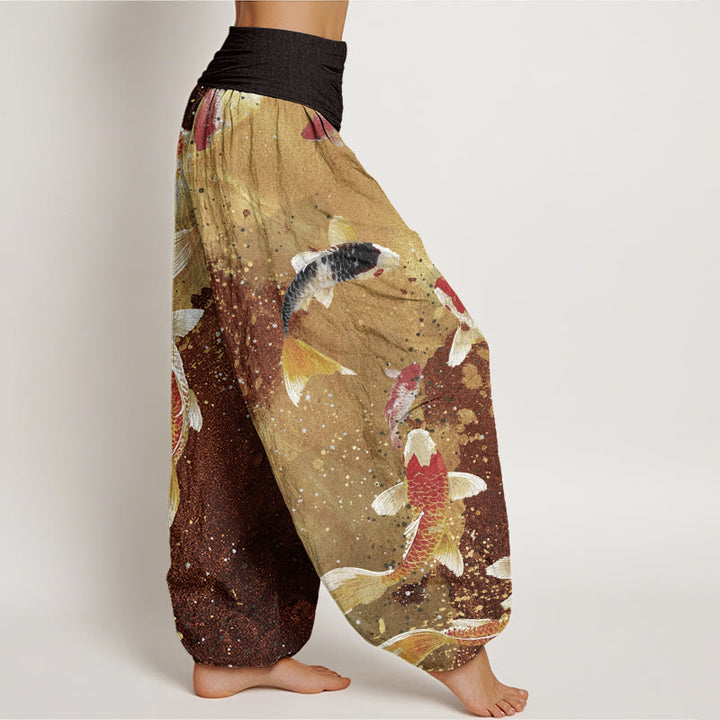 Buddha Stones Cotton Casual Koi Fish Gold Ink Background Pattern Women's Elastic Waist Harem Pants - image 8