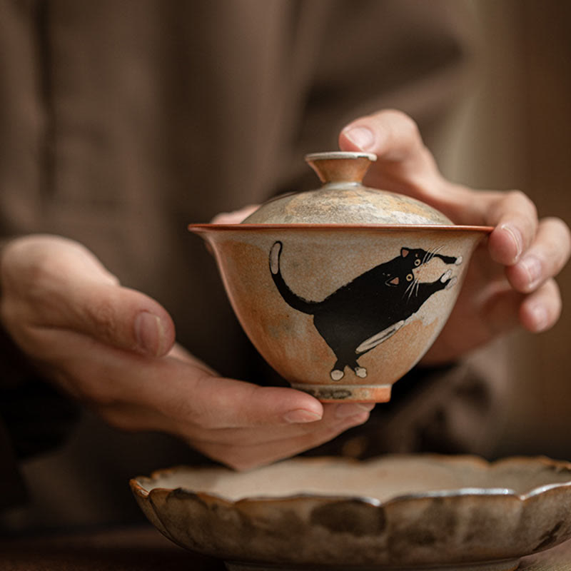 Buddha Stones Cute Cat Ceramic Gaiwan Teacup Kung Fu Tea Cup With Lid 130ml - image 7