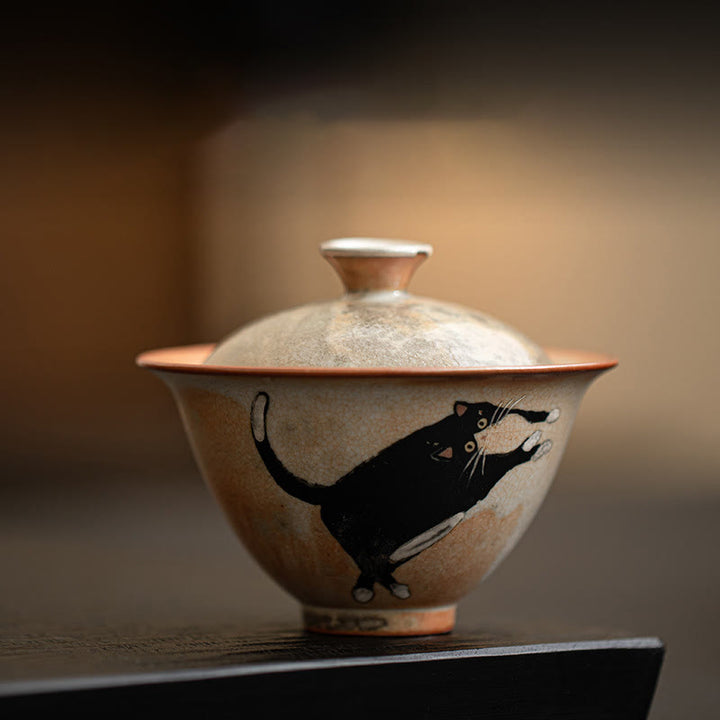 Buddha Stones Cute Cat Ceramic Gaiwan Teacup Kung Fu Tea Cup With Lid 130ml - Cat Cup 9.5cm*7.6cm*130ml - image 1