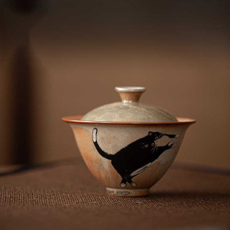 Buddha Stones Cute Cat Ceramic Gaiwan Teacup Kung Fu Tea Cup With Lid 130ml - image 8