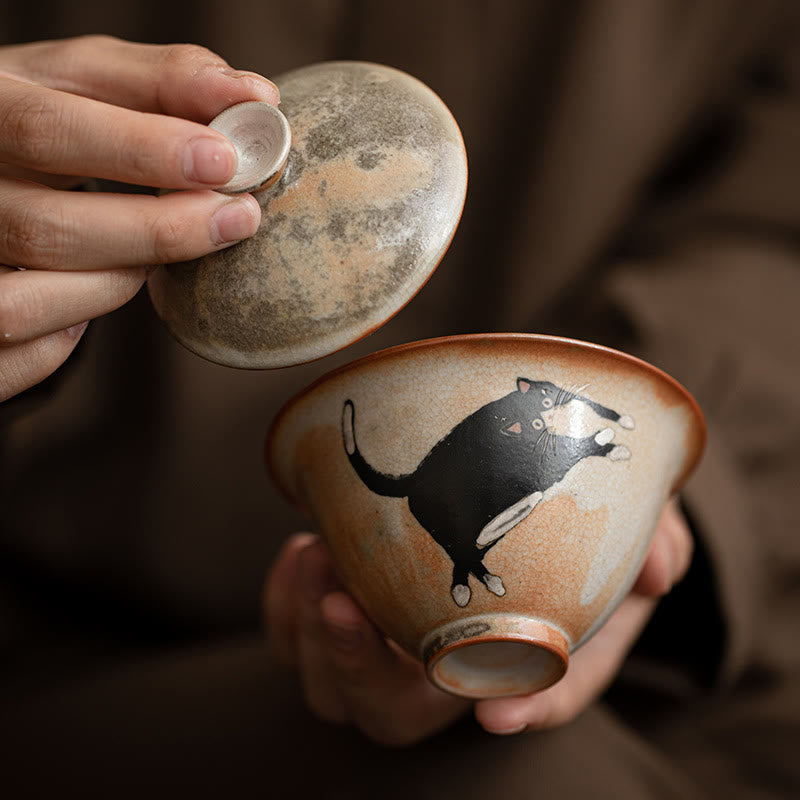 Buddha Stones Cute Cat Ceramic Gaiwan Teacup Kung Fu Tea Cup With Lid 130ml - image 2