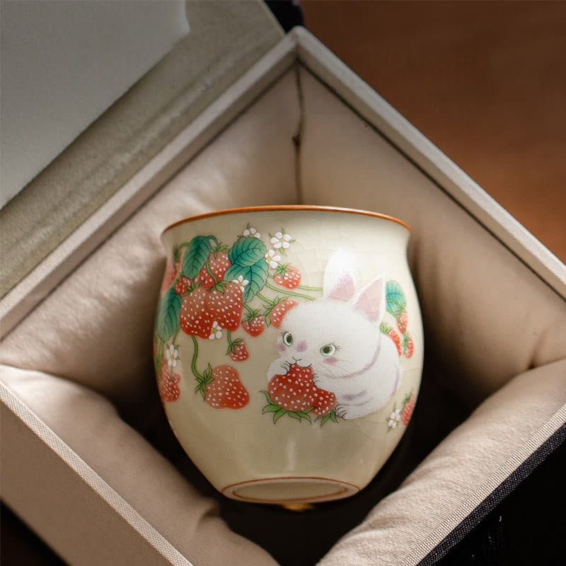 Buddha Stones Small Strawberry Rabbit Teacup Kung Fu Tea Cup 90ml With Gift Box