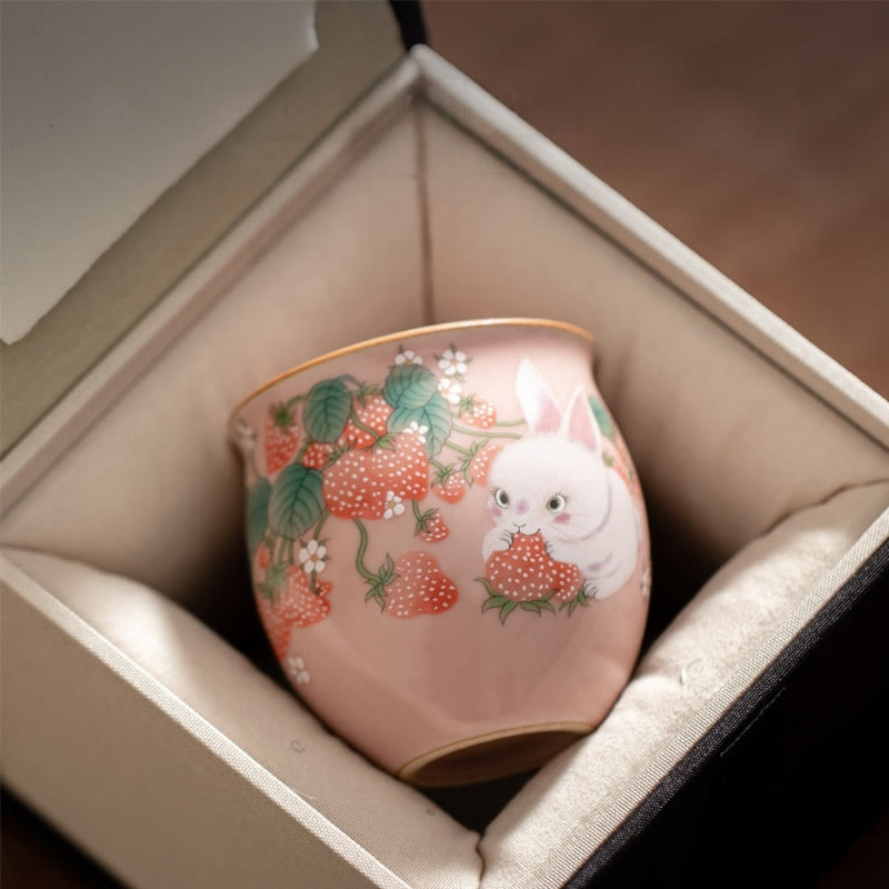 Buddha Stones Small Strawberry Rabbit Teacup Kung Fu Tea Cup 90ml With Gift Box