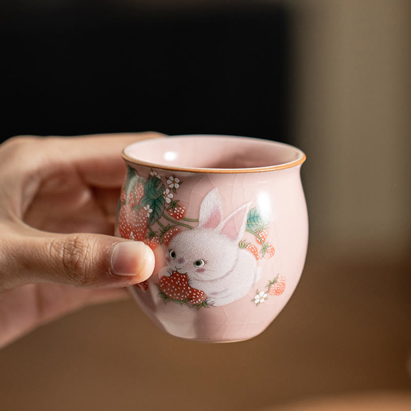 Buddha Stones Small Strawberry Rabbit Teacup Kung Fu Tea Cup 90ml With Gift Box