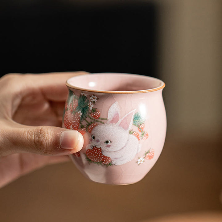 Buddha Stones Small Strawberry Rabbit Teacup Kung Fu Tea Cup 90ml With Gift Box