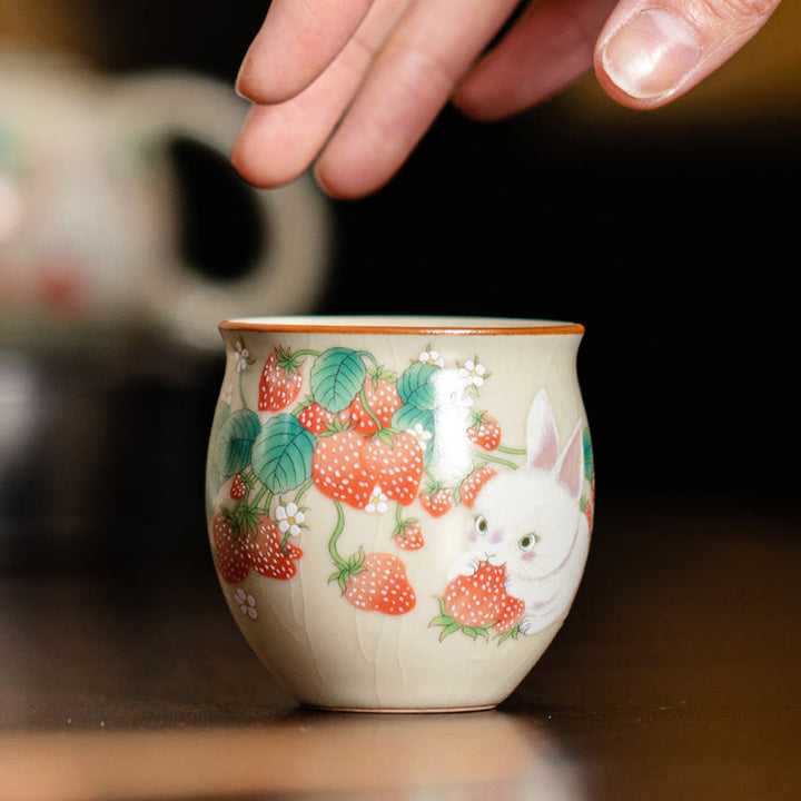 Buddha Stones Small Strawberry Rabbit Teacup Kung Fu Tea Cup 90ml With Gift Box
