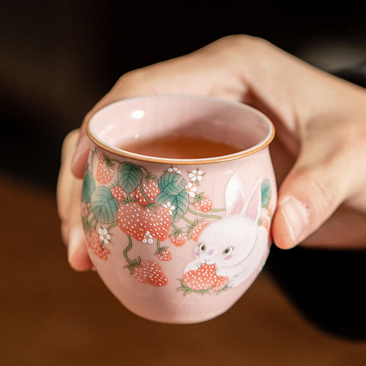 Buddha Stones Small Strawberry Rabbit Teacup Kung Fu Tea Cup 90ml With Gift Box