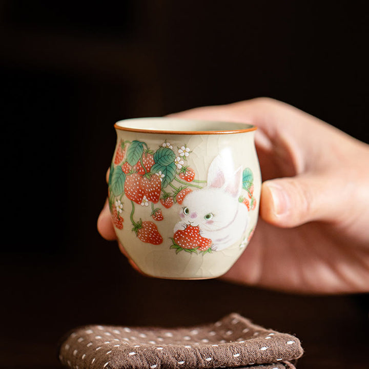 Buddha Stones Small Strawberry Rabbit Teacup Kung Fu Tea Cup 90ml With Gift Box