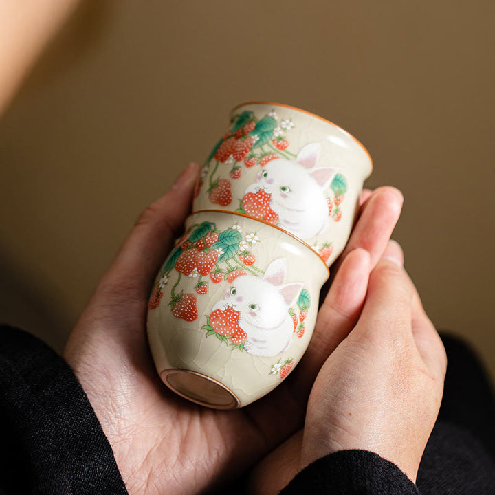 Buddha Stones Small Strawberry Rabbit Teacup Kung Fu Tea Cup 90ml With Gift Box