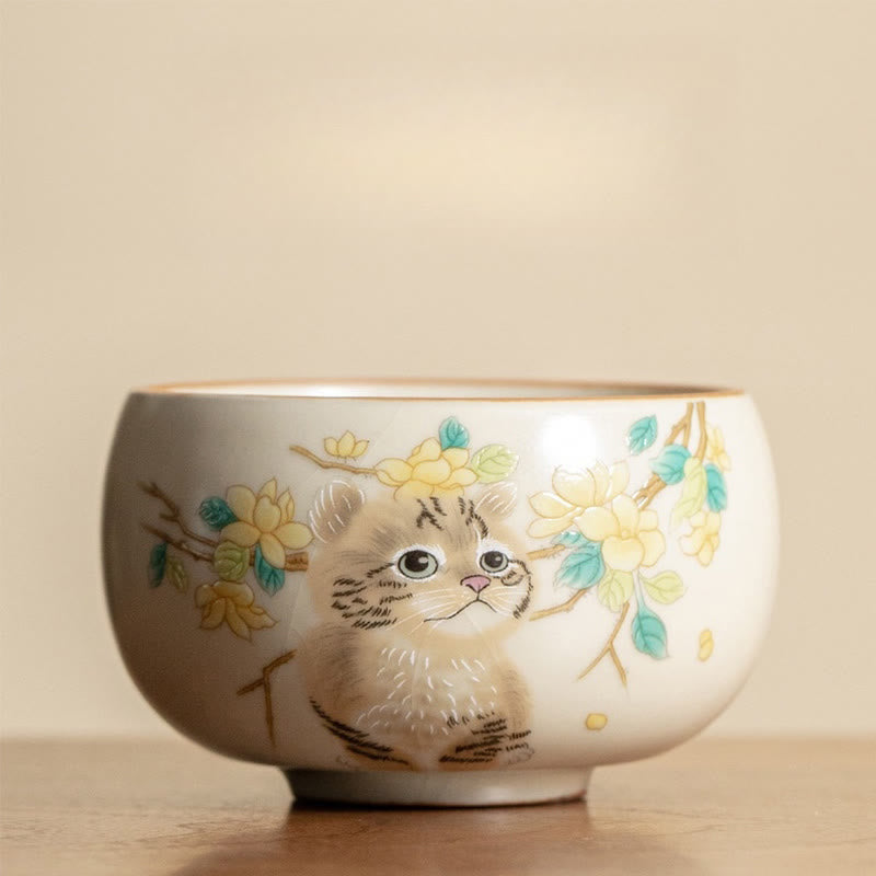 Buddha Stones Cute Cat Yellow Flowers Rabbit Teacup Kung Fu Tea Cup - Cat 6.8cm*4cm*80ml - image 1