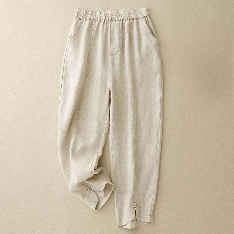Buddha Stones Summer Solid Color Side Button Design Cotton Linen Women's Harem Pants With Pockets - Beige - US8-10，UK/AU12-14，EU40-42 (2XL) - image 4