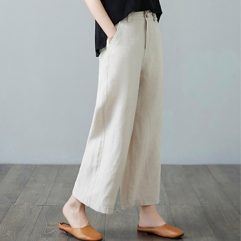 Buddha Stones Daily Solid Color Patchwork Simple Design Cotton Linen Women's Pants With Pockets - image 4