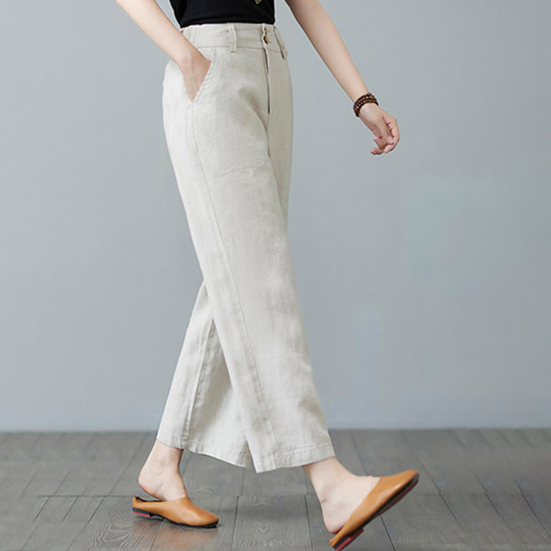 Buddha Stones Daily Solid Color Patchwork Simple Design Cotton Linen Women's Pants With Pockets - image 7