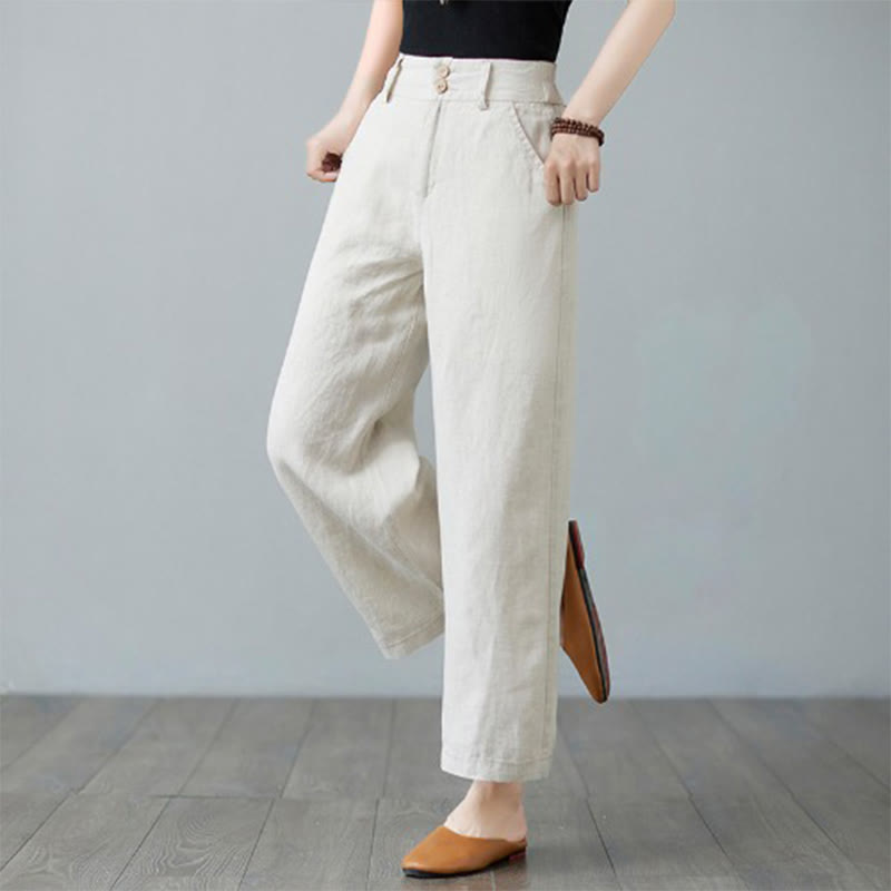 Buddha Stones Daily Solid Color Patchwork Simple Design Cotton Linen Women's Pants With Pockets - image 5