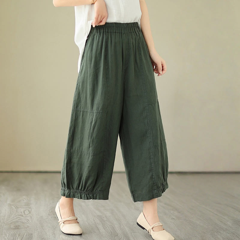 Buddha Stones Vintage Casual Pleated Design Cotton Women's Wide Leg Cropped Pants With Pockets - image 3