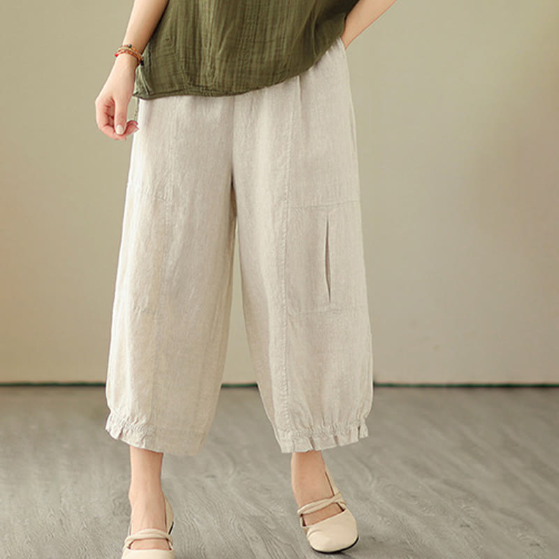 Buddha Stones Vintage Casual Pleated Design Cotton Women's Wide Leg Cropped Pants With Pockets - image 16
