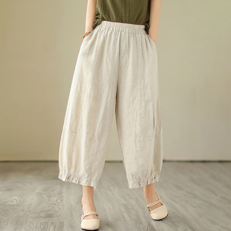 Buddha Stones Vintage Casual Pleated Design Cotton Women's Wide Leg Cropped Pants With Pockets - image 13