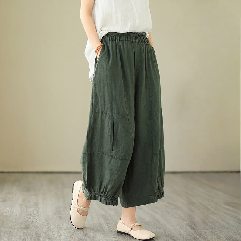 Buddha Stones Vintage Casual Pleated Design Cotton Women's Wide Leg Cropped Pants With Pockets - DarkGreen - US8-10，UK/AU12-14，EU40-42 (2XL) - image 0