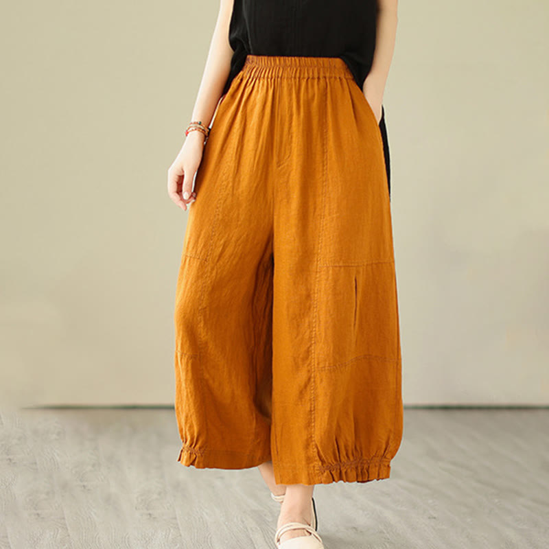 Buddha Stones Vintage Casual Pleated Design Cotton Women's Wide Leg Cropped Pants With Pockets - image 9